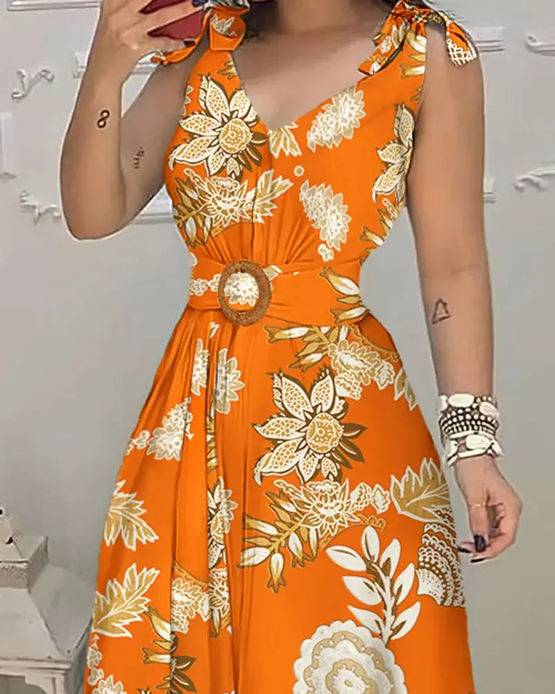 

2022 Summer Woman Casual Chic V-Neck Floral Print Tied Detail Belted Design Sleeveless Maxi Vacation Dress