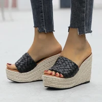 zookerlin rattan grass weave wedges peep toe womens slippers platform 2022 summer high heels slides cane mules shoes pu leather