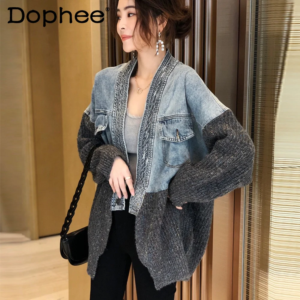 Patchwork Denim Coats Women's Knitted Cardigan Mid-Length Loose Large Size Spring Autumn 2023 New European Style Jeans Jacket