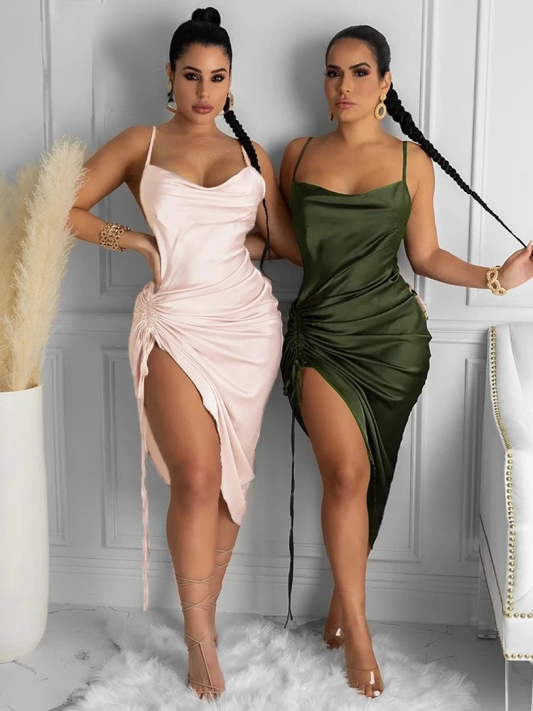 

NewAsia Ruched Satin Summer Dress Drawstring Spaghetti Straps Neck Backless Long Dresses for Women Party Sexy