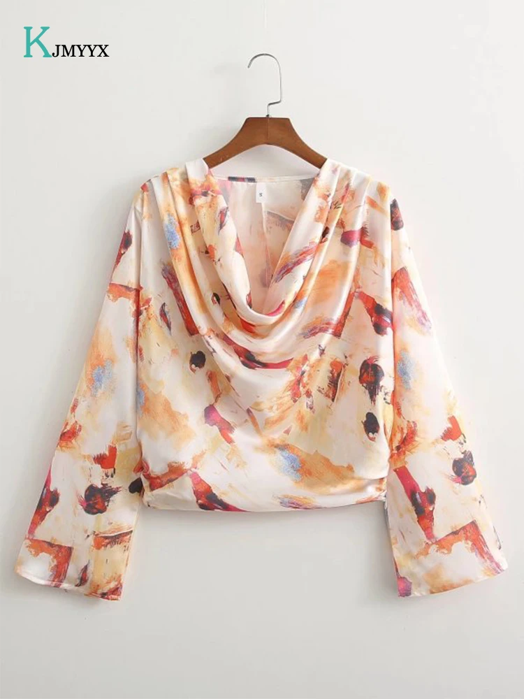 

2022 Summer New Tops French Niche Abstract Painting Temperament Printing V-Neck Long-Sleeved Pleated Buttons Loose