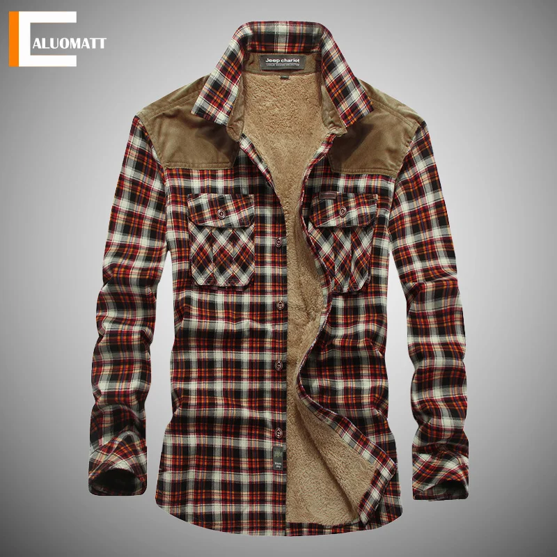 

2022 Men Fleece Shirt Winter Long Sleeve Patchwork Plaid Shirts Mens Thick Fleece Lined Soft Casual Flannel Top Warm Dress Shirt