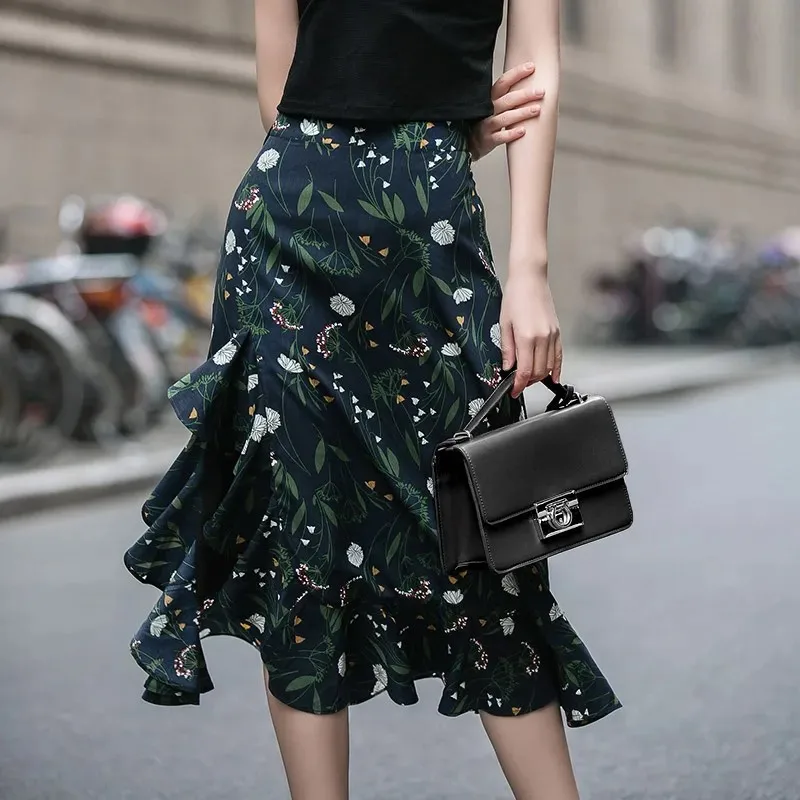 

Stylish Boho Floral Wrap Midi skirt Fashion Women Mermaid Skirt Casual Print Asymmetrical Ruffle Skirt irregular chiffon skirt
