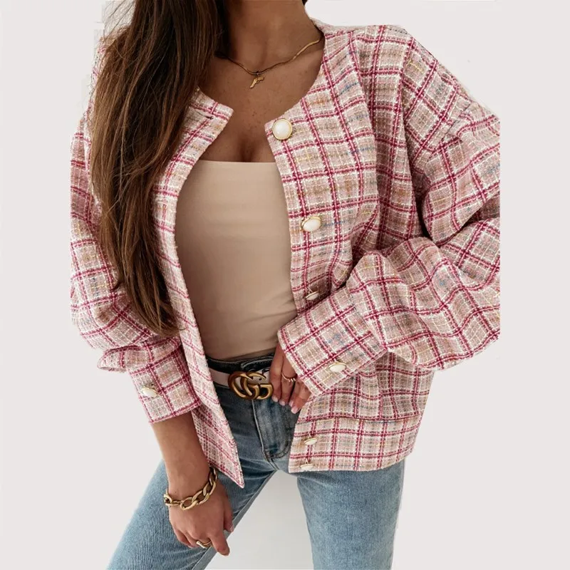 

Women Casual Plaid Printed Pockets Jacket Coat Lantern Sleeve O neck High Street Warm Loose Coat 2022 Winter New Fashion Tops