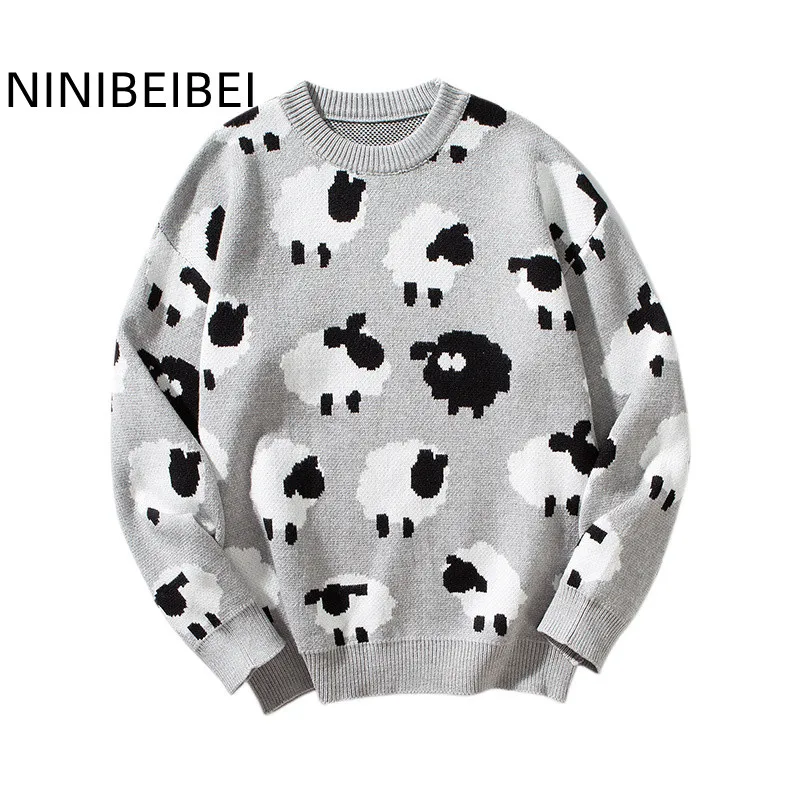 

2023 Autumn New Mens Sweater Sheep Pattern Cute Cartoon Pullover Men Casual Sweaters Round Neck High Quality Knitted Pullover