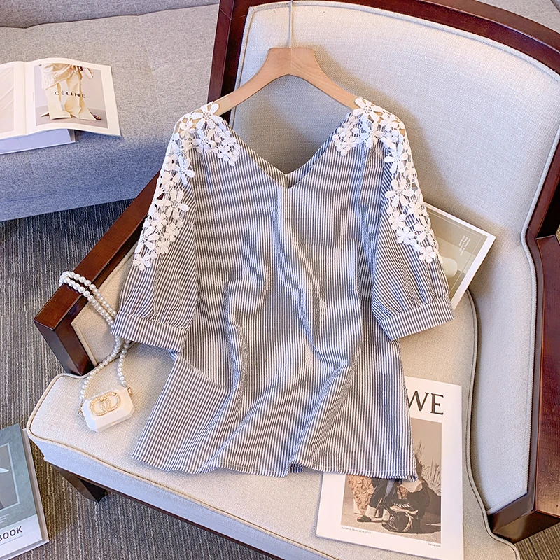 

Summer Elegant V-Neck Sweet Blouse Floral Commute Lace Hollow Out Women's Clothing Casual Solid Color Loose Spliced Shirt 2023