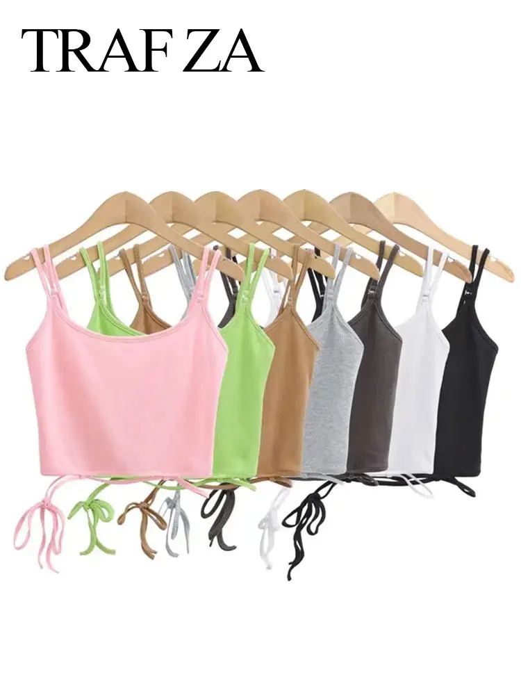 

TRAF ZA Women Summer Suspender Tops Solid Color Multi-color One-word Collar Knitted Jersey Breathable Sweat-absorbing Short Vest