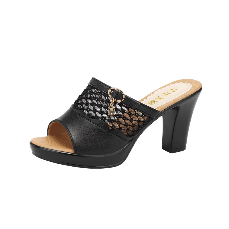 

8cm 10cm Small Big Size 32-43 Mesh Buckle Leather Slippers Women's Platform Shoes Summer 2023 Block High Heels Slides Office