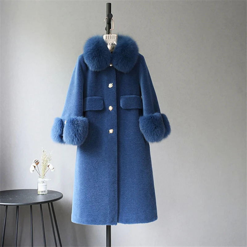 FURYOUME Winter Women 100% Wool Coat Natural Real Fur Jacket Fox Fur Collar Warm Outerwear Full Sleeve Long Female Overcoat
