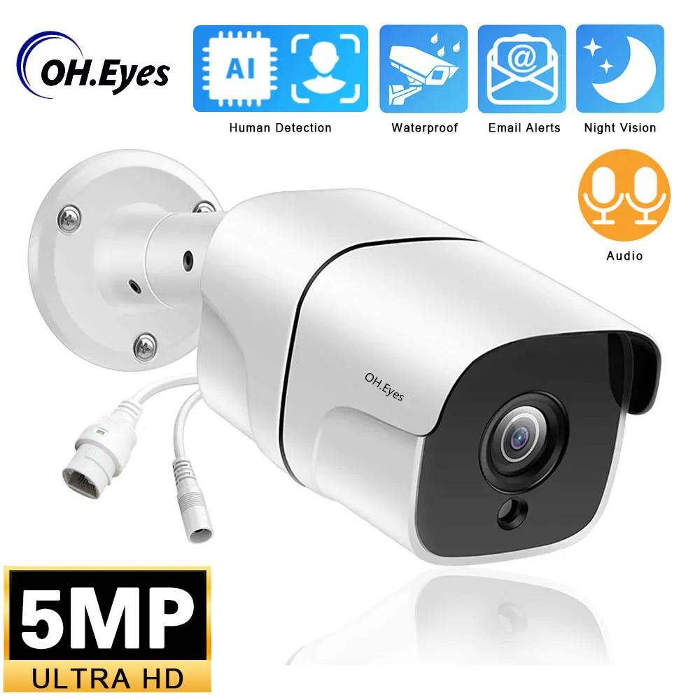 

OH.EYES 5MP Face Record Audio POE IP Camera Outdoor IP66 Weatherproof CCTV Surveillance Bullet Camera 6 Array IR Led P2P 48V