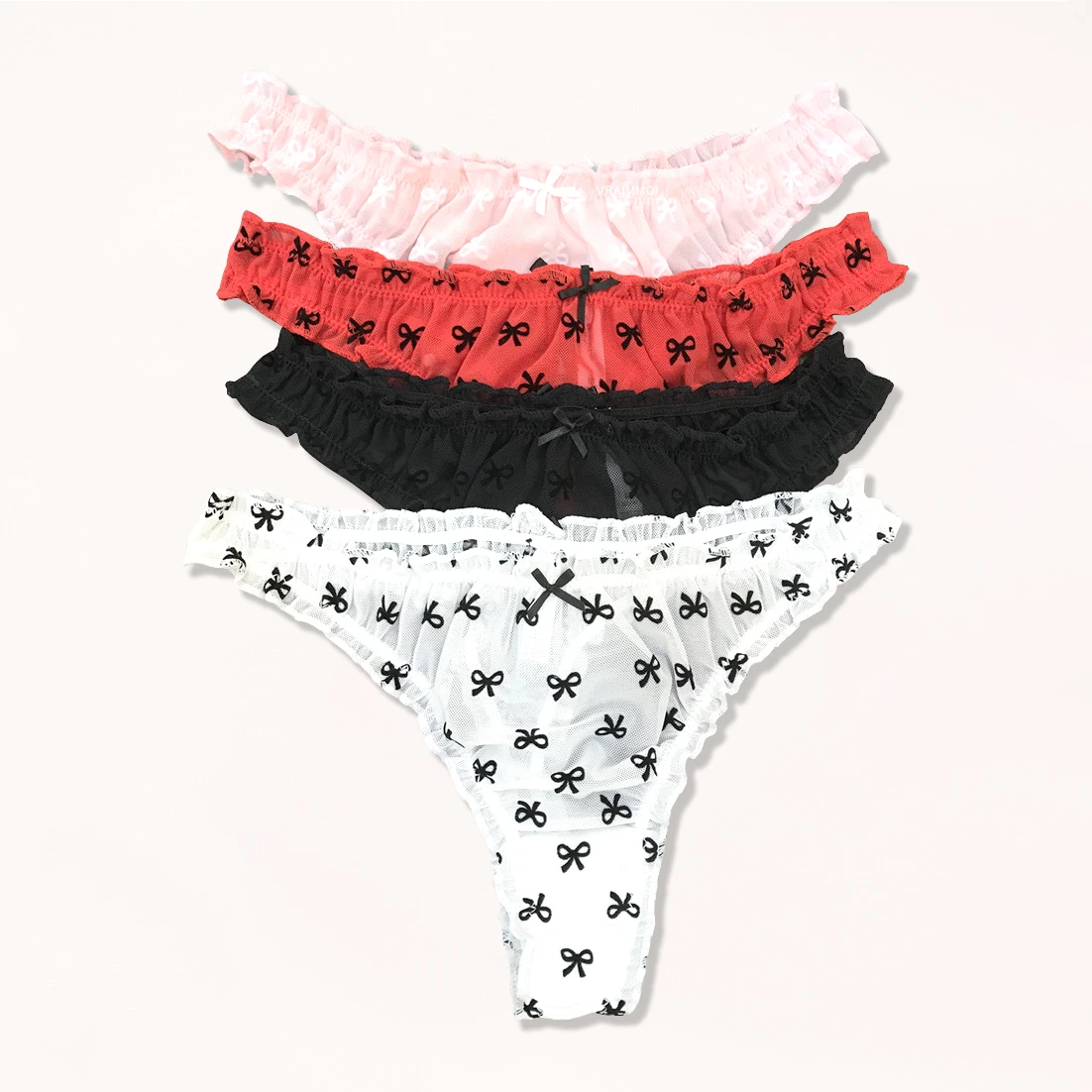 

Mesh Thong Panty Bow Print Sexy Lingerie Cute Underwear Cotton Gusset Panties Bow Details Throughout Thongs