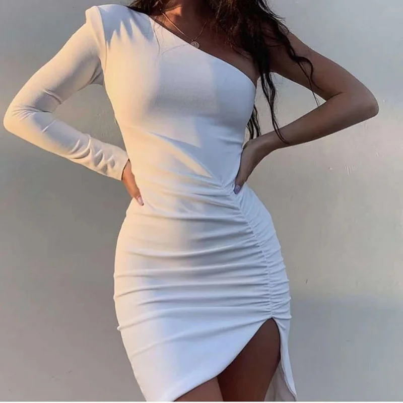

Women Casual Sexy Elegant Party Slim Hip Dresses One Shoulder Off Long Sleeve Short Mini Dress Solid Folds Clothes y2k vestidos