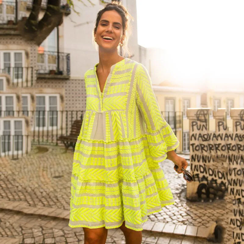 

Cross-Border European and American New LooseVCollar Printed Dress Pullover Stripe CasualaLine Skirt Long Sleeve Mid-Length Dress