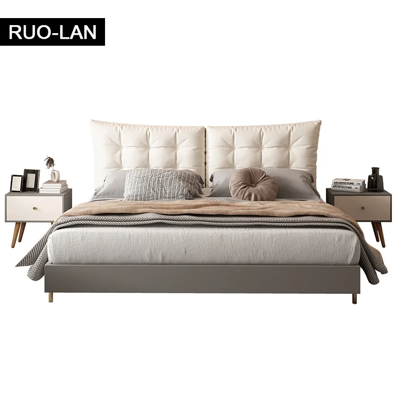 

Nordic Soft Bed with Flannel Soft-packed Headboard Modern Bed Frame for Living Room Furniture