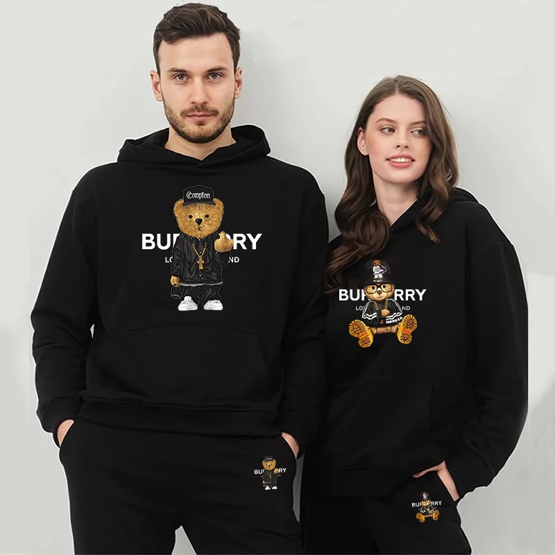 

Men's and Women's Casual Activewear 2 Pcs Suit Fall Winter Unisex Outdoor Sports Hoodie Bear Print Fleece Sweatshirt + Pants Set