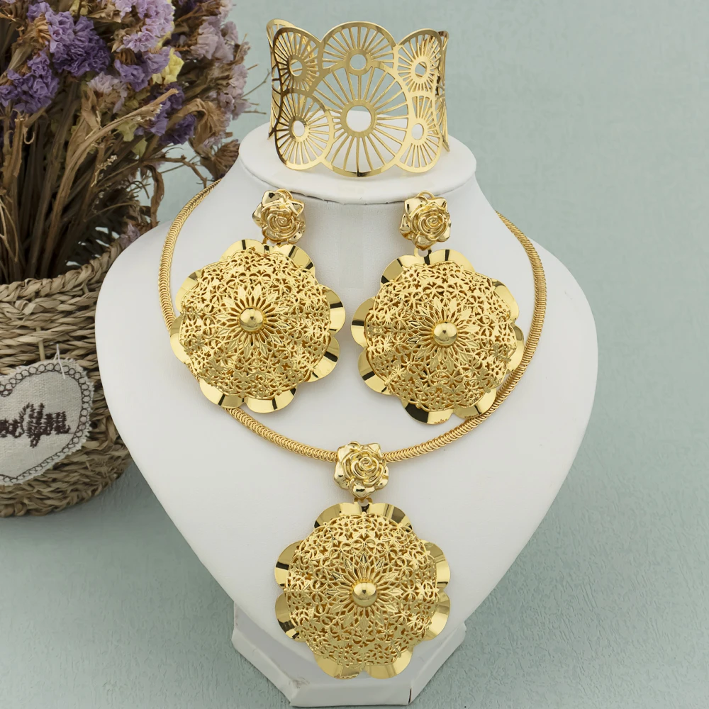 

Dubai Luxury Jewelry Set for Women Gold Plated Large Earrings Necklace Bangle Jewelry for Weddings Party Gifts Bridal Accessory