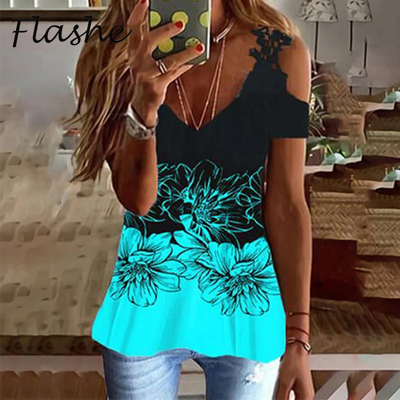 

Women's T-Shirt 2022 Summer Fashion Print Floral V-Neck Lace Tshirt Hollow Pullover Casual Loose Oversize Ladies Top Tee Shirt