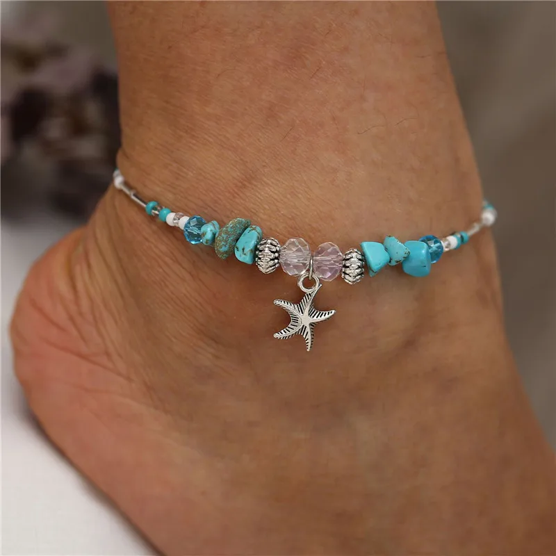 

WUKALO Vintage Starfish Pendant Anklets For Women Beach Stone Beads Anklet Bohemian Ankle Bracelet On Leg Summer Foot Jewelry