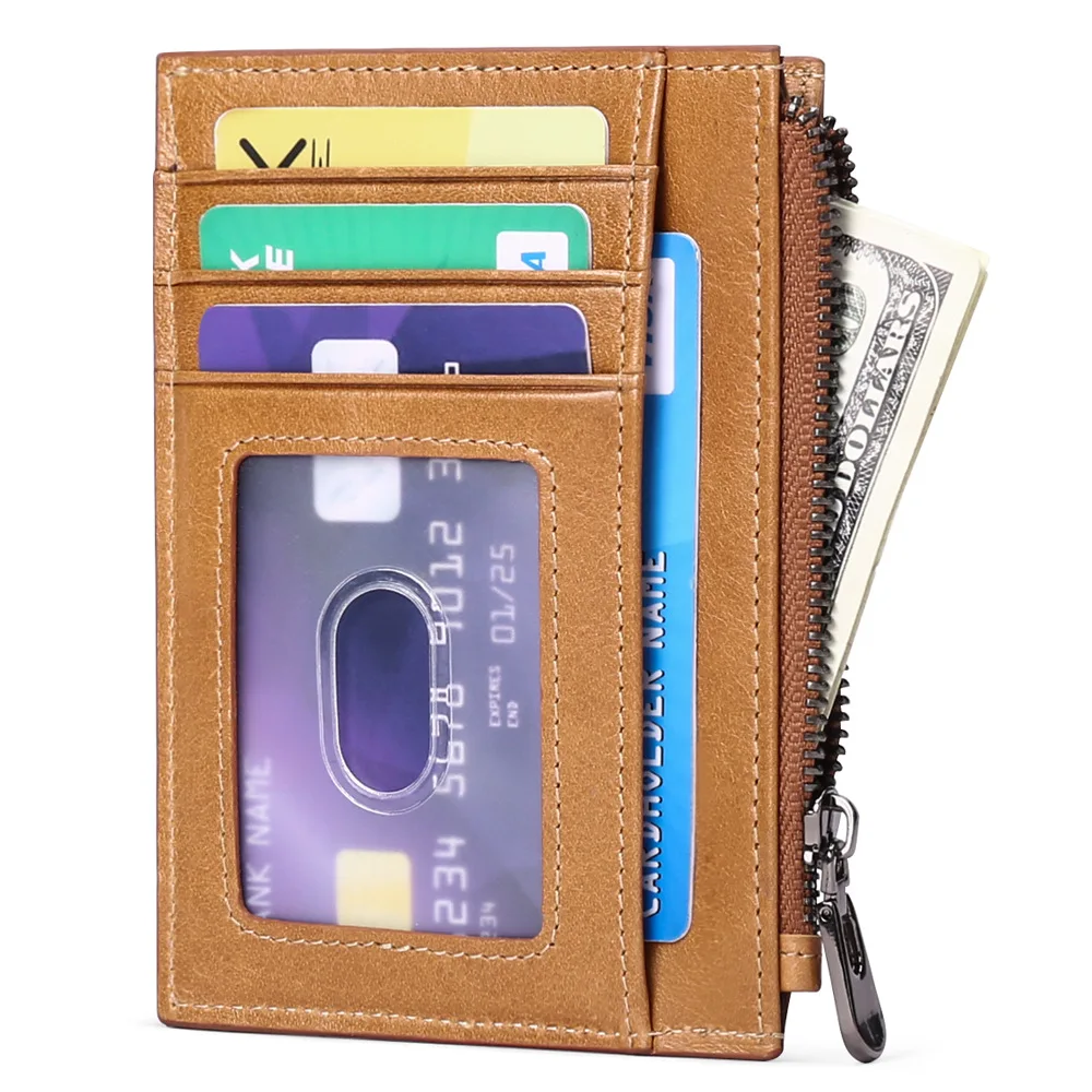 

Men's Genuine Leather Card Holder Mini Wallets for Men RFID Blocking Business Credit Card ID Badge Holders Zipper Coin Purse Man