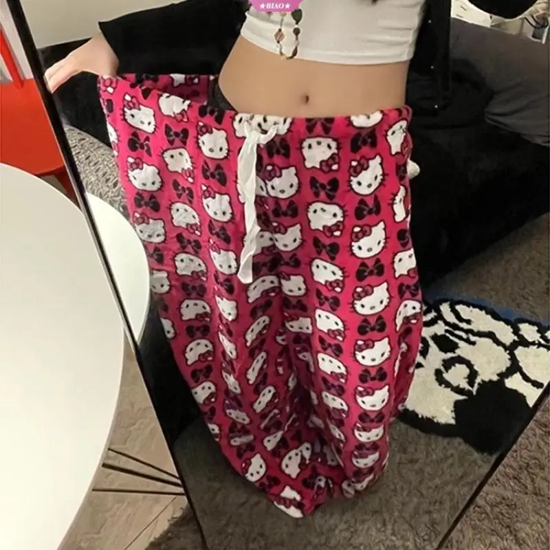 

Pretty Sanrios Hello Kitty Y2K Loose High Waist Pajama Pants Cute Cartoon Casual Thin Pant Trousers Fashion Printed Girl Gift