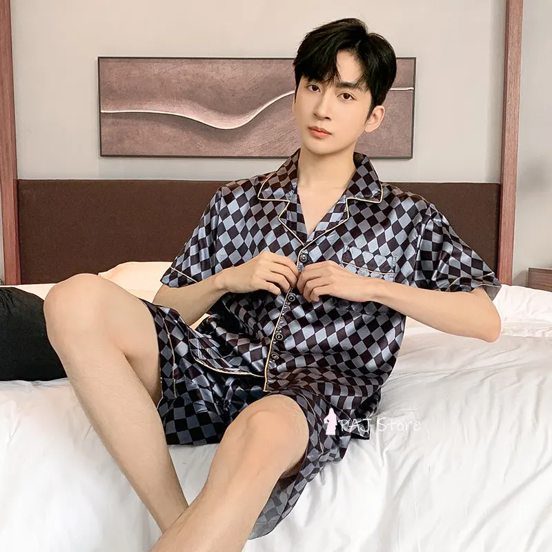 Men Pajama Sets Silk Satin Pijama Turn-down Collar Sleepwear Short Sleeve Spring Nightwear 2 Pieces Sets Homewear L-5XL