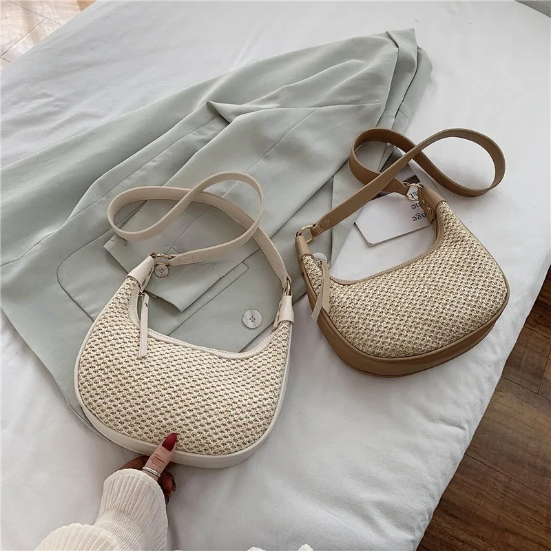 

Summer Straw Woven Shoulder Purse for Women Fashion Half Moon Top Handle Handbag Lightweight Sling Beach Travel Bag
