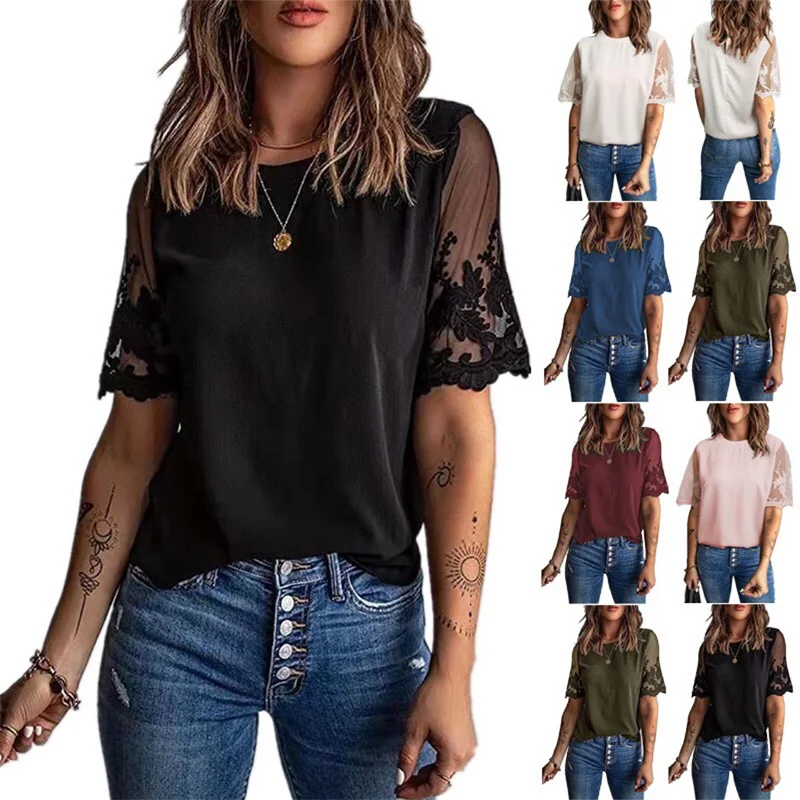 

Loose Embroidered T-shirt Women Summer Round Neck Solid Color Short Sleeve Shirt Female Aesthetic Tops S-3XL