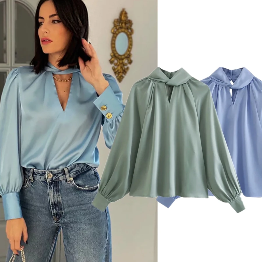 

Dave&Di 2023 Halter Elegant Casual Shirt Women Blouse England office Lady Ins Fashion Blogger Vintage Satin Bow Tops