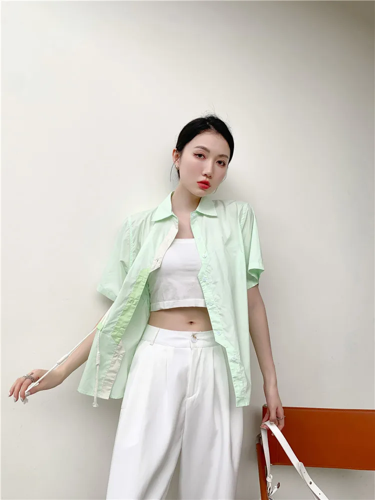

ZCSMLL Mint Green Short Sleeve Shirts For Women 2022 Designer Summer Top And Blouse Button Up Collared Shirt High Fashion