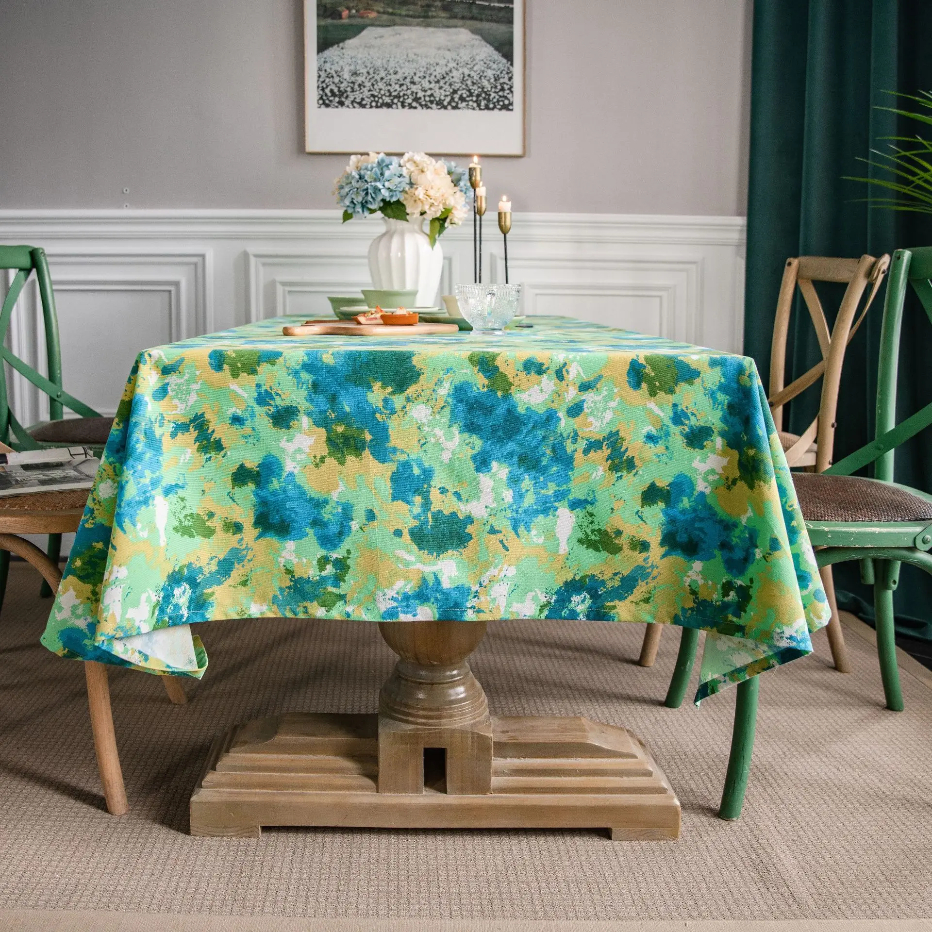 

Tie-dye Green Camouflage Tablecloth Cotton Linen Printing Idyllic Table Mat Restaurant Wedding Birthday Party Tablecloth Decor