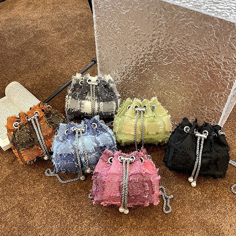 Patch Bucket Bag Tassel Chains Crossbody Bags for Women Canvas Drawstring Bag Mini Shoulder Bags Handbags and Purses Female Tote