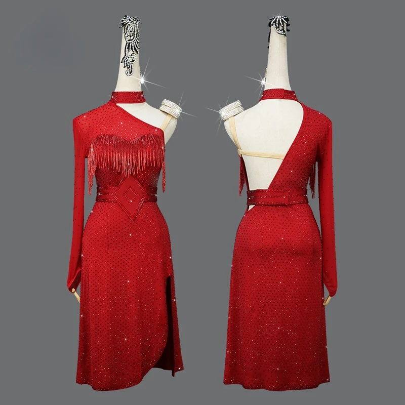 

Custom Latin Dance Dress New Red Professional Latin Dance Competition Performance Dress Long Skirt Dance Platform Fringe Dress