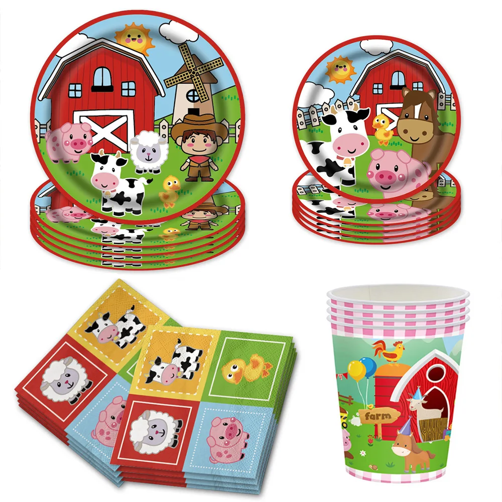 

Farm Animals Tableware Supplies Barnyard Theme Party Decorations Paper Plates Cutlery Forks Napkins Birthday Tablecloth Decor