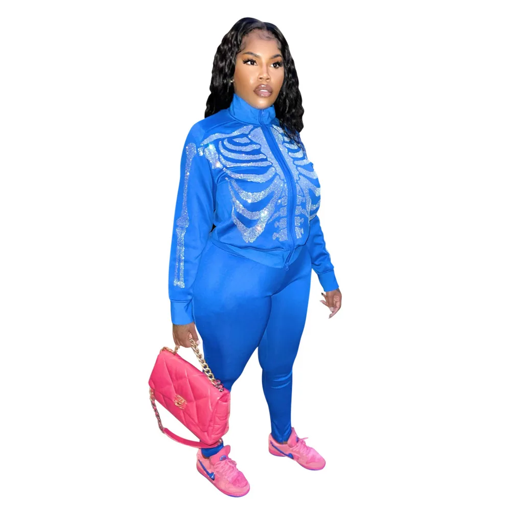 

Winter Warm Suit Blue Slim Long Sleeved Jacket + Trousers Two Piece Urban Casual African Women's Pant Sets Tracksuit Outfits 2XL