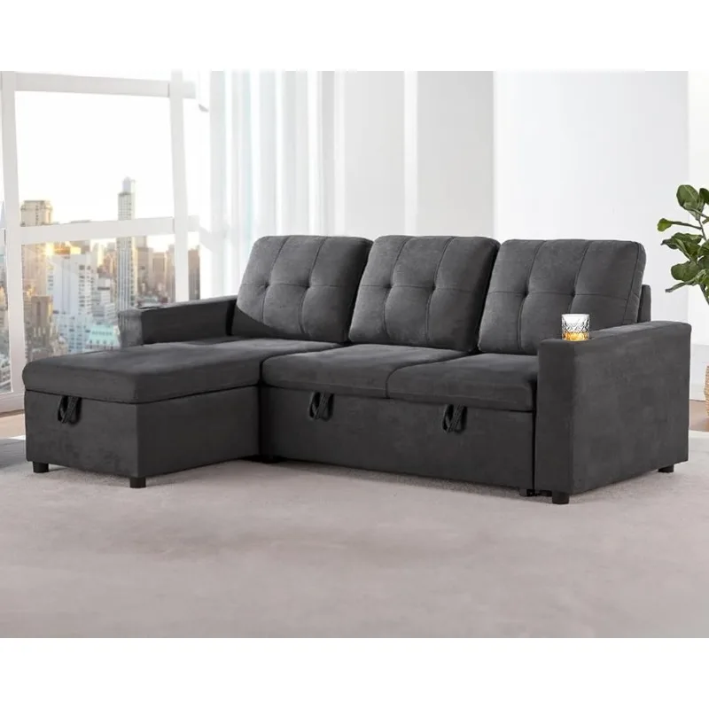 

Yoyomax Sectional Sofa Chaises & Cup Holders Pull Out Bed & Storage Space for Living Room, Apartment and Office, Dark Grey(Left)
