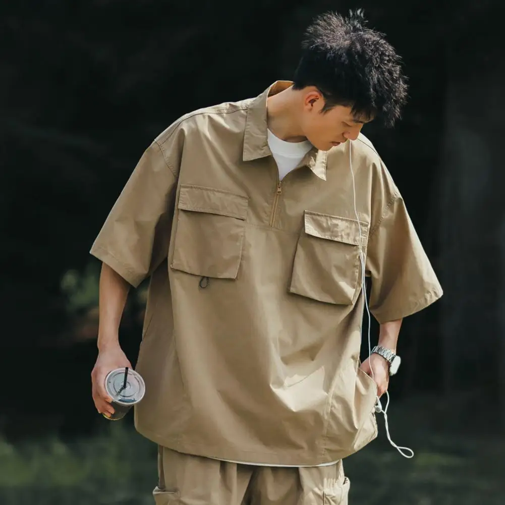 Рубашка мужская с карманами Свободная блуза полурукавами отложным воротником на