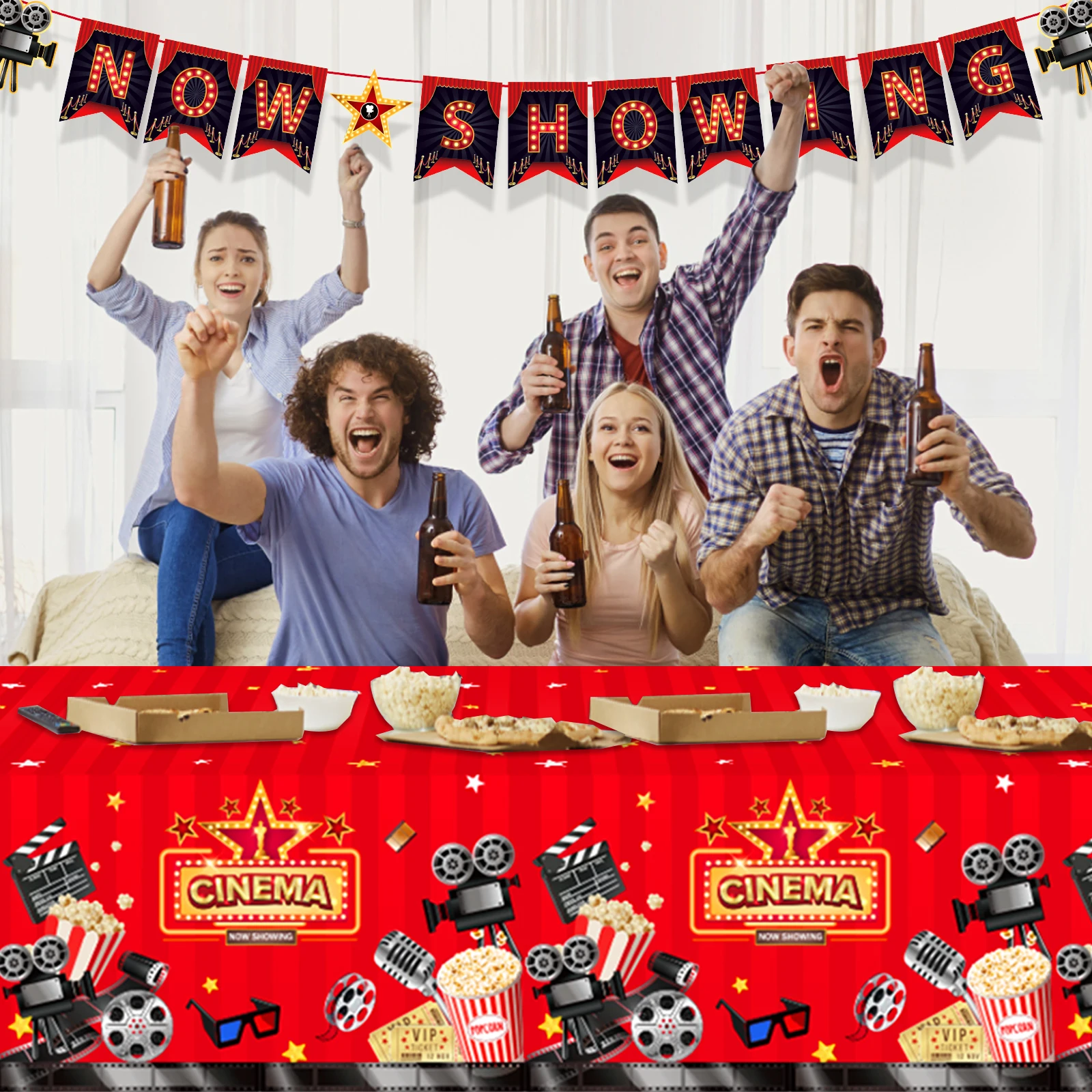 

130x220cm Cartoon Hollywood Cinema Popcorn Birthday Party Disposable Tableware Tablecover Camping Tablecloths For Home Supplies