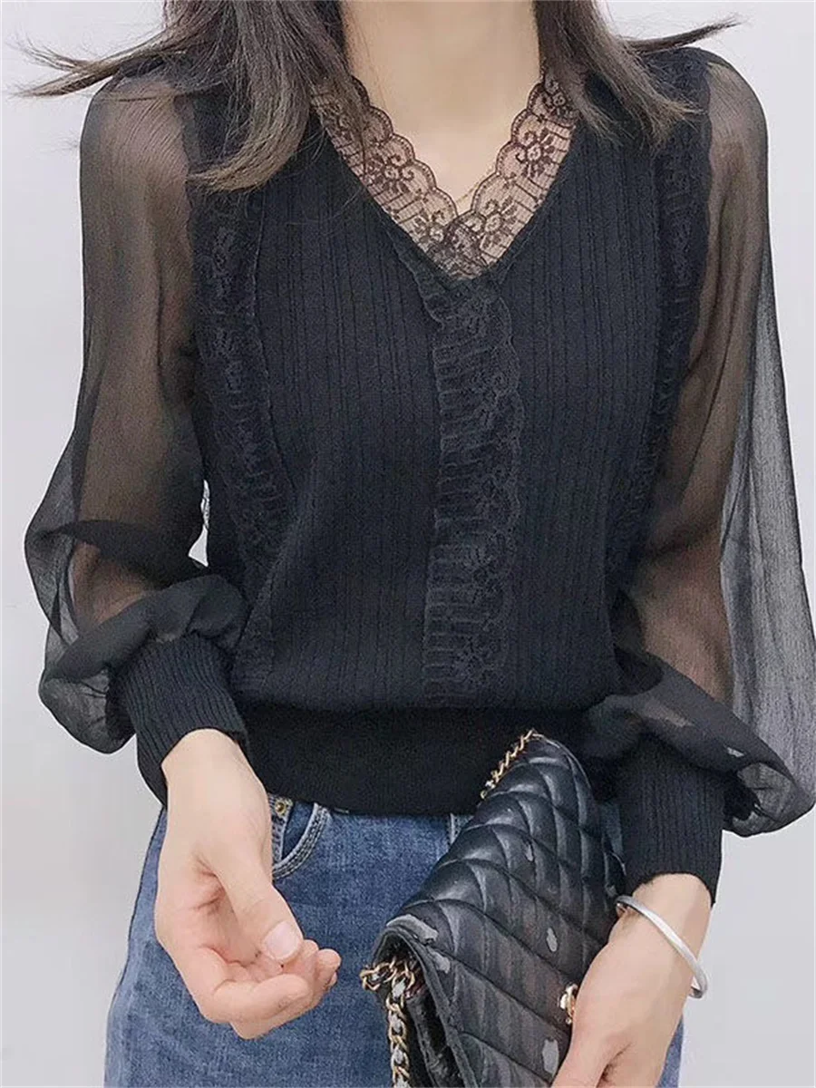 

Women Spring Autumn Style Blouses Tops Lady Casual Long Sleeve V-Neck Lace Blusas Tops DF4452