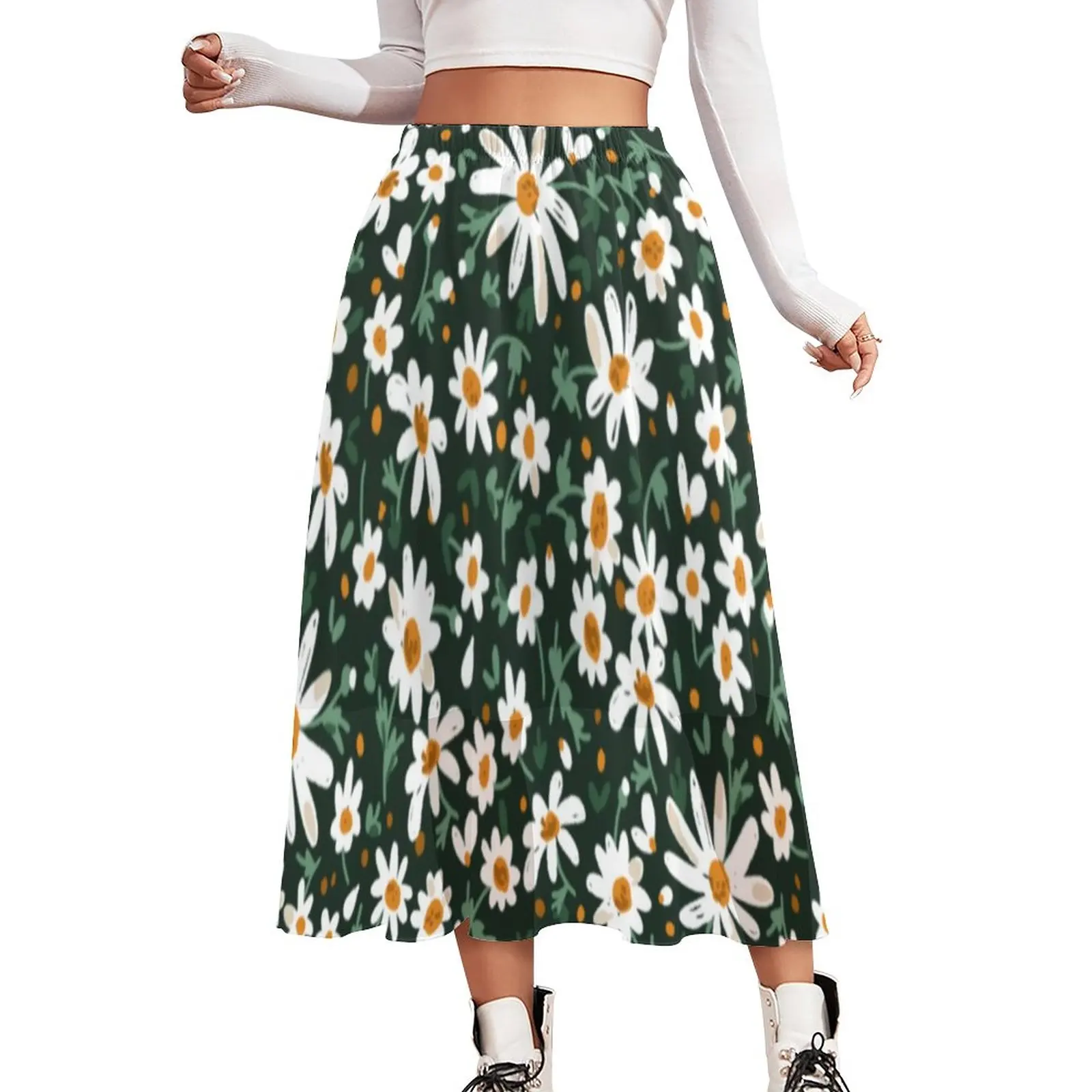

Elegant Daisy Skirt White Flower Print Aesthetic Long Skirts Beach Boho Skirt Female Design Oversize Bottoms