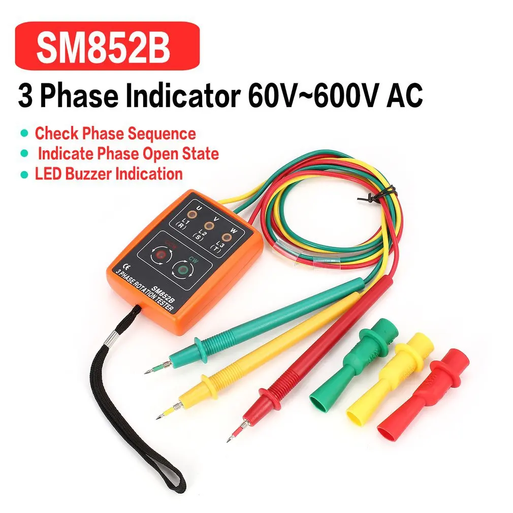 

3 Phase Rotation Tester Digital Phase Indicator Detector LED + Buzzer SM852B Phase Sequence Meter 60V~600V AC Voltage Test