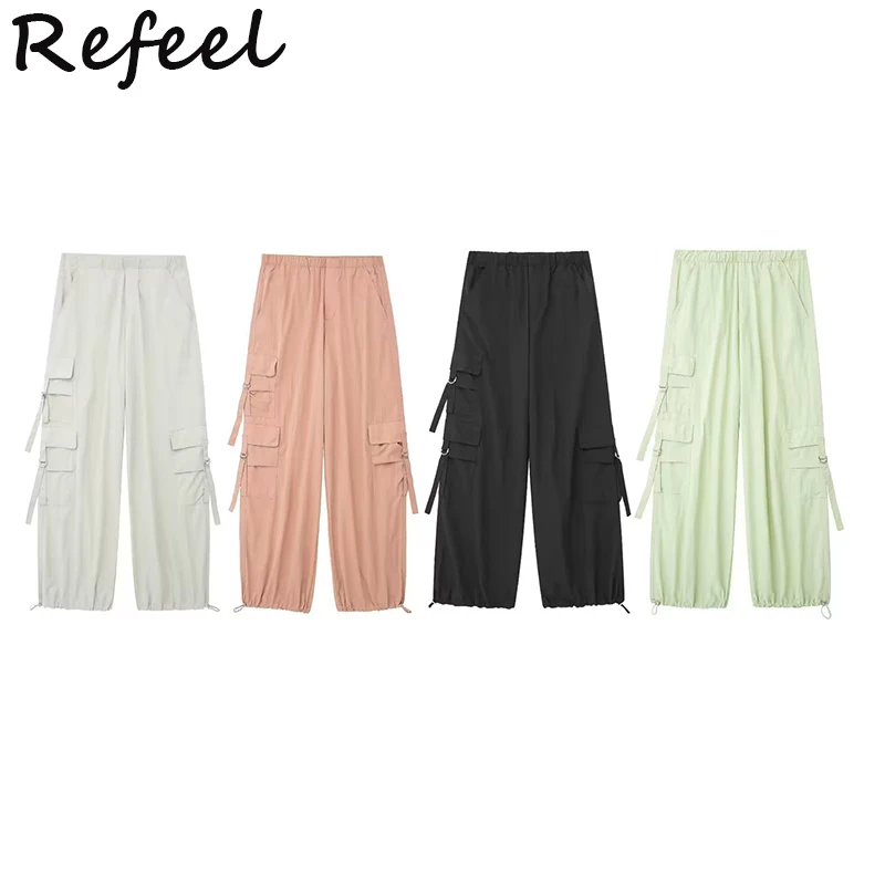 

Refeel Women Cargo Pants Straight Overalls Easy-Fit Solid Zipper Fly Trousers Nylon Loose Trousers Wide Leg Parachute Pant