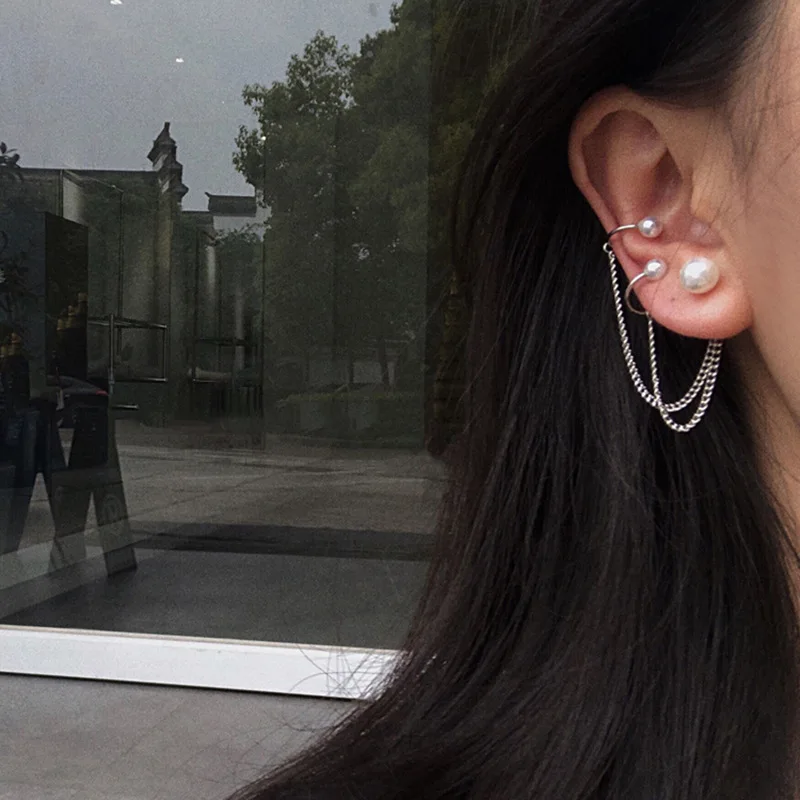 

S925 Silver Needle Simple Pearl Ear Chain Ear Bone Clip Integrated Temperament Ear Clip Female[single Bag] Chinese Fashion