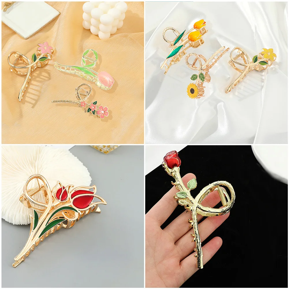 

3Pcs/Set Women Fashion Flowers Hollow Metal Hair Claw Elegant Rose Shark Hair Clips Girl Geometric Ponytail Headwear