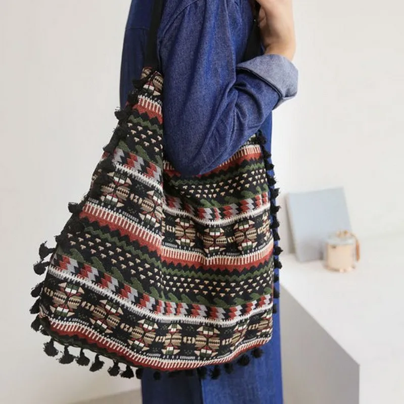

NEW Tassel cotton linen single shoulder bag women's suspender shoulder cross bag Vintage cotton women's handbag cross body bags