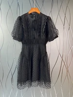 2022 new women fashion short-sleeved mesh beaded see-through black dress waist elegant slim dress 610