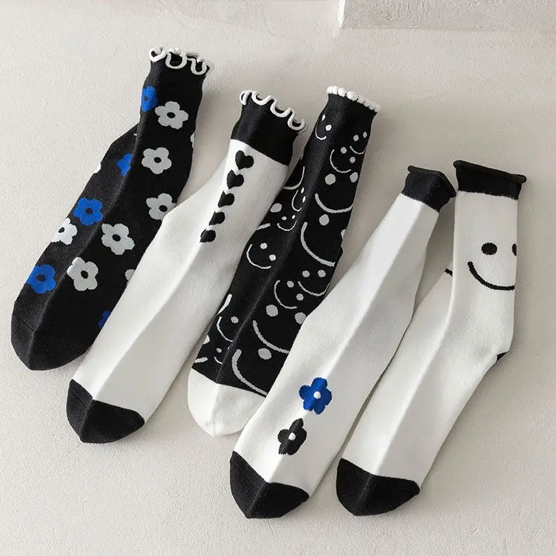 5 Pair Funy Pure Cotton  Women Cute Printing Smiley Face Long Ladies Socks Set Fashion Splicing Japanese Style Brand Woman Socks