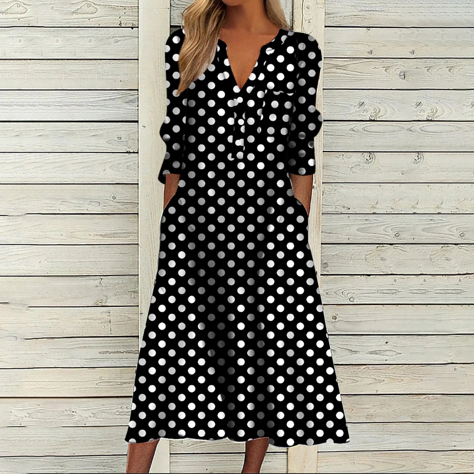 

Women Midi Dress Casual Button V Neck Long Sleeves Pocket Long Dress Holiday Flowy Dress Party Sundress Vestidos Mujer Robes