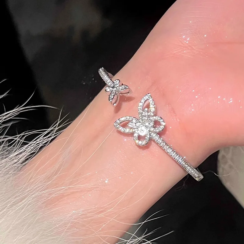 

925 Sterling Silver Zircon Butterfly Bracelet For Women Girl Opening Shiny Temperament Jewelry Gifts