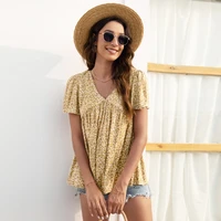womens casual short sleeve loose floral print t shirts v neck pleated tunic tops female pullover tops blouses summer clothes