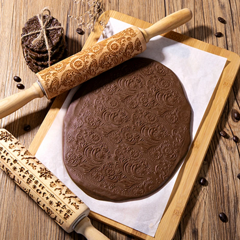 

Скалка с резным узором, ролик из массива дерева с 3D тиснением, Скалка для печенья, рождественские снежинки, кухонные инструменты для выпечки